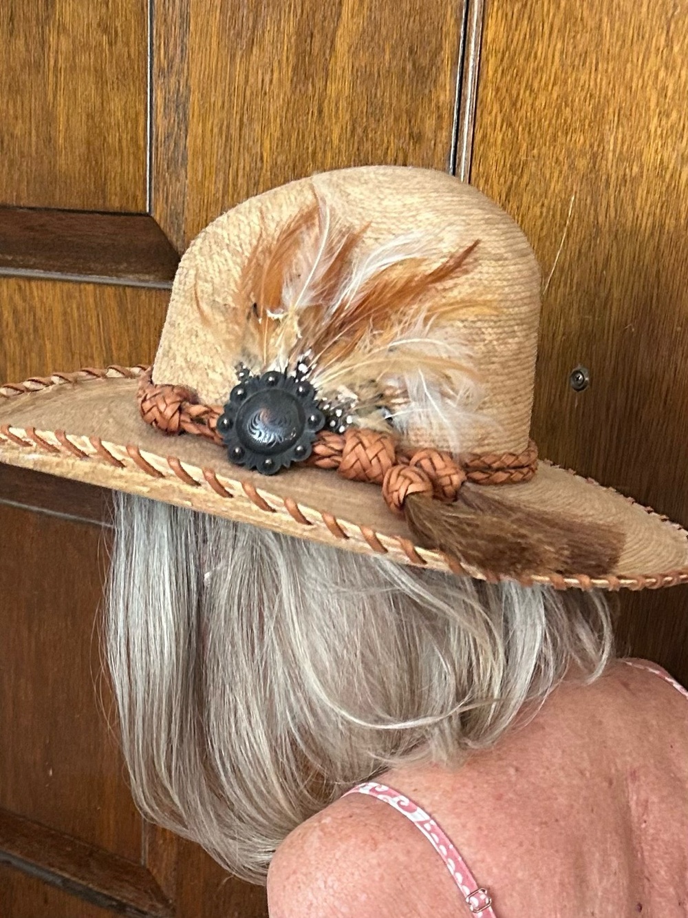 Red Star Riggings Straw Western Hat Braided Leather Band Concho Feather Hatband.